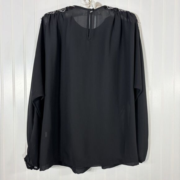 Vintage 80s Rhoda Lee Blouse Size 18 Black Sequins Sheer Union Label Flowy Glam - Picture 2 of 11